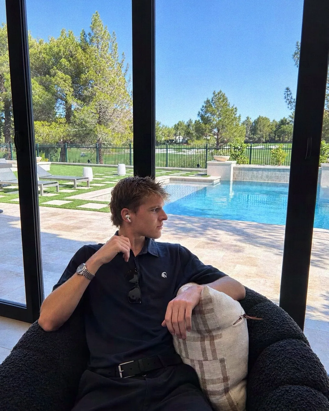 Boston sitting by the window in front of a pool